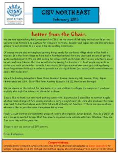 CISV NORTH EAST. February Letter from the Chair