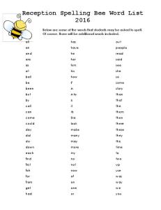 Reception Spelling Bee Word List 2016