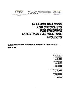 RECOMMENDATIONS AND CHECKLISTS FOR ENSURING QUALITY INFRASTRUCTURE PROJECTS